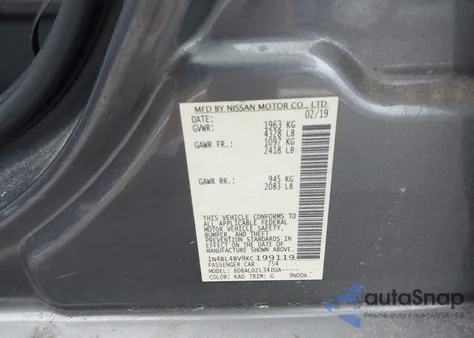 2019 Nissan Altima 2.5 S z USA, uszkodzony, nr VIN 1N4BL4BV9KC199119